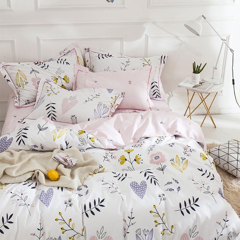 OTOB Twin Duvet Cover Set Cartoon Pink Floral Duvet Cover 100% Washed Cotton Aesthetic Bedding Sets Soft Colorful Comforter Cover Reversible Bedding for Women Kids Girls Teen - Image 2